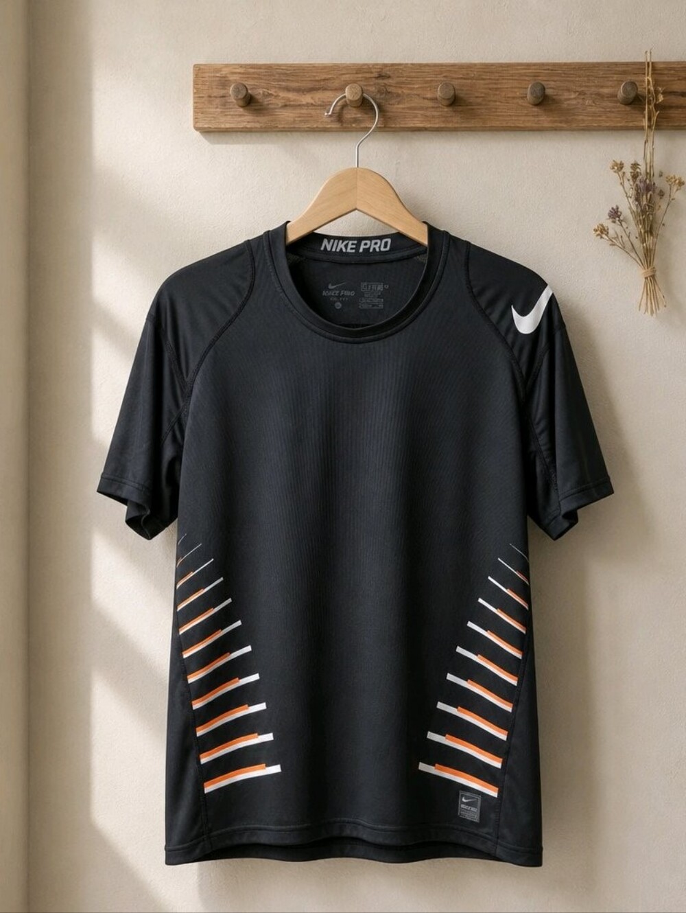 Nike Black Training Tee with White Swoosh and Orange Stripe Detailing Mens Large